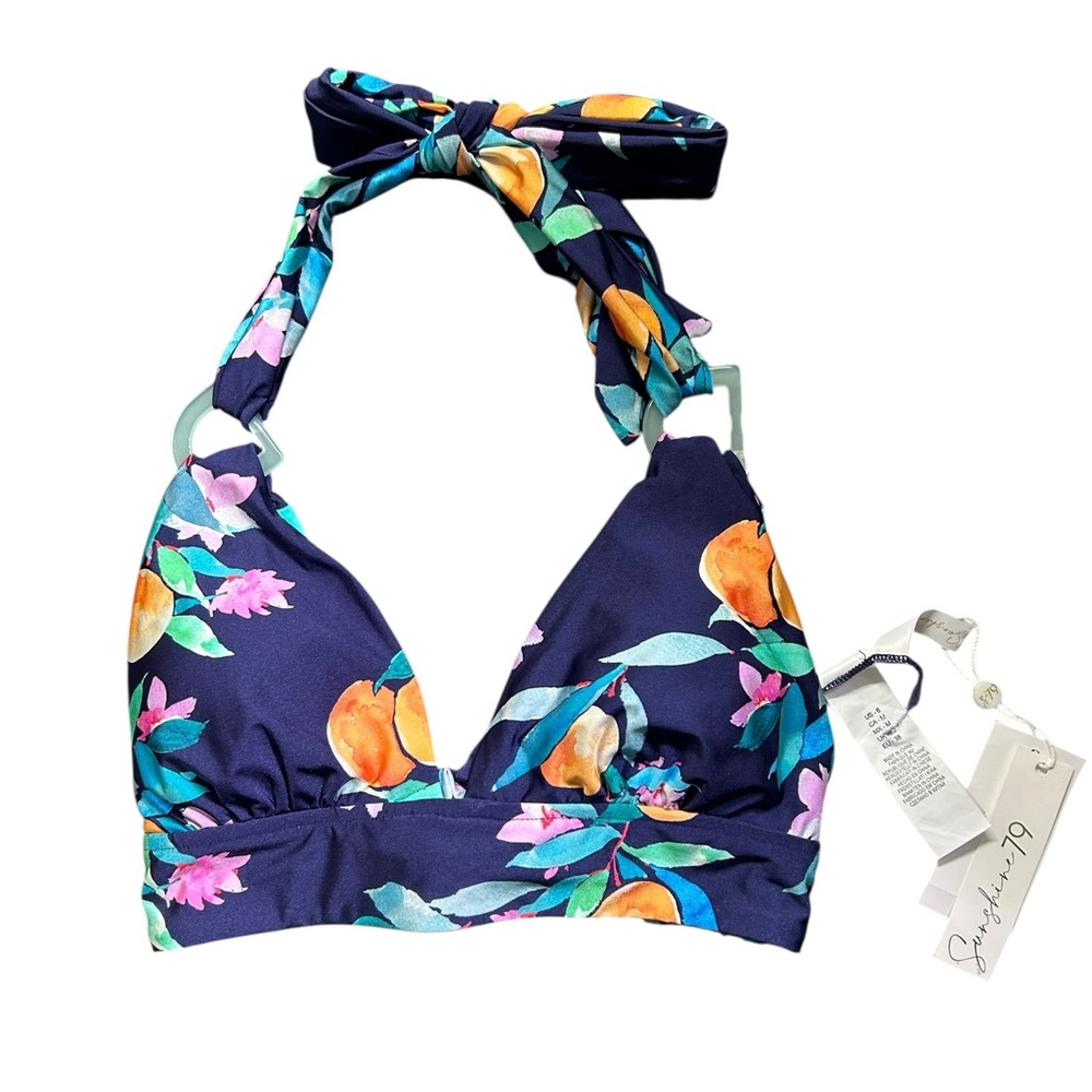 SUNSHINE 79 navy floral banded peaches halter style bikini swim top size 6 NWT - Picture 3 of 7